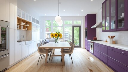 Modern open-plan kitchen-dining area with purple cabinets, sunflowers, and garden view; ideal for real estate or interior design