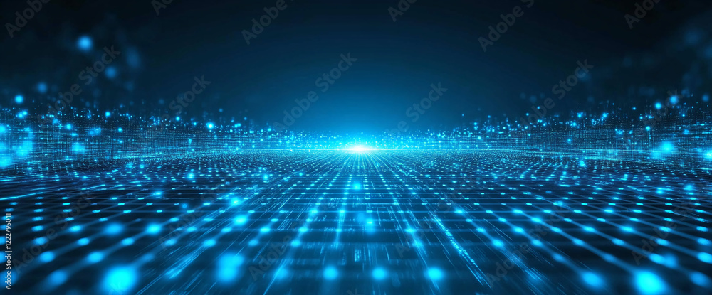 Poster abstract futuristic blue glowing grid and glowing particles background design