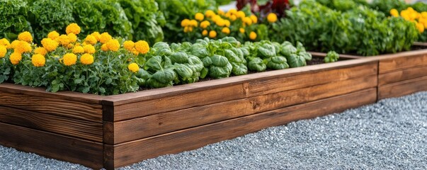 Urban planning gardening concept. A vibrant garden bed showcasing fresh herbs and bright yellow flowers.