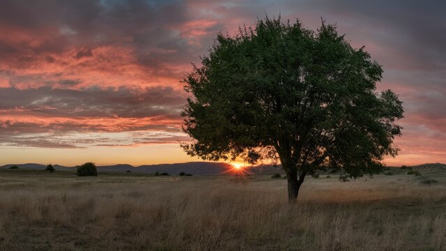 Vibrant sunset panorama with dramatic clouds silhouetting a lone tree in a grassy field, warm orange and purple hues filling the sky.