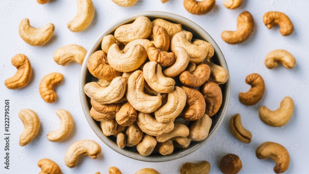 Poster roasted cashew nuts in a beige bowl centered on a white background with scattered nuts in light brow