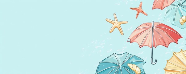 Pastel umbrellas, starfish, seashells on light blue background.