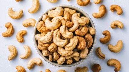 Roasted cashew nuts in a beige bowl centered on a white background with scattered nuts in light brown tones creating ample negative space for text.
