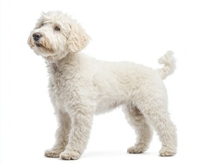 Obraz premium Charming fluffy dog standing elegantly in a bright studio environment with soft lighting