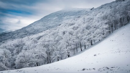Winter landscape featuring snow-covered trees on a hillside under a cloudy blue sky with gray tones, emphasis on frosty textures and serene atmosphere.