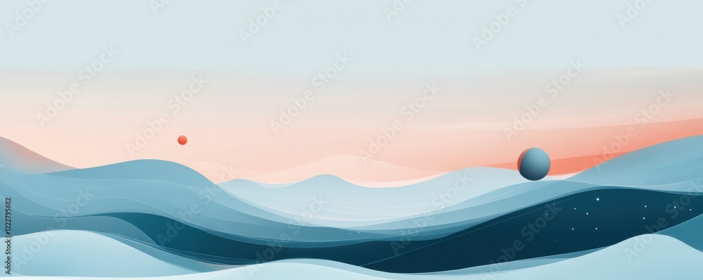 Poster surreal digital landscape with soft waves and floating spheres in abstract design