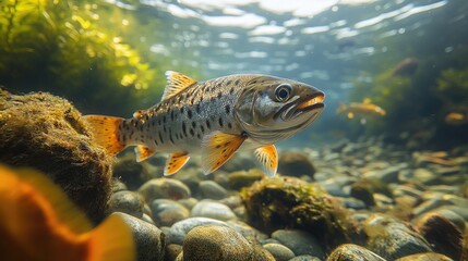 Fototapeta premium A vibrant underwater scene showcasing a salmon swimming above a bed of smooth stones.