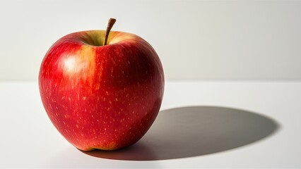 Bright red apple positioned slightly off-center on a white background, casting a soft shadow, showcasing its smooth texture and vibrant color.