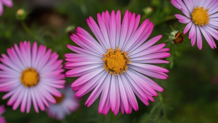 Obraz premium Vibrant pink and purple Mexican Aster flowers with a central yellow disk surrounded by lush green foliage in a close-up view showcasing detailed petals.