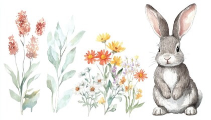 Fototapeta premium A charming watercolor illustration of a rabbit surrounded by various colorful wildflowers in a serene setting