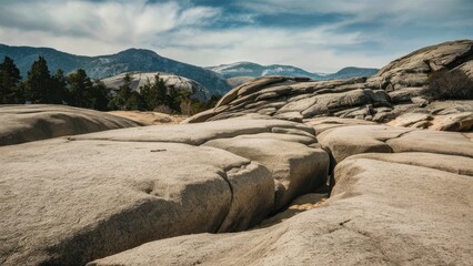 Granite rock formations in a mountainous landscape under a clear blue sky with wispy clouds light grazing the textured surface and greenery nearby