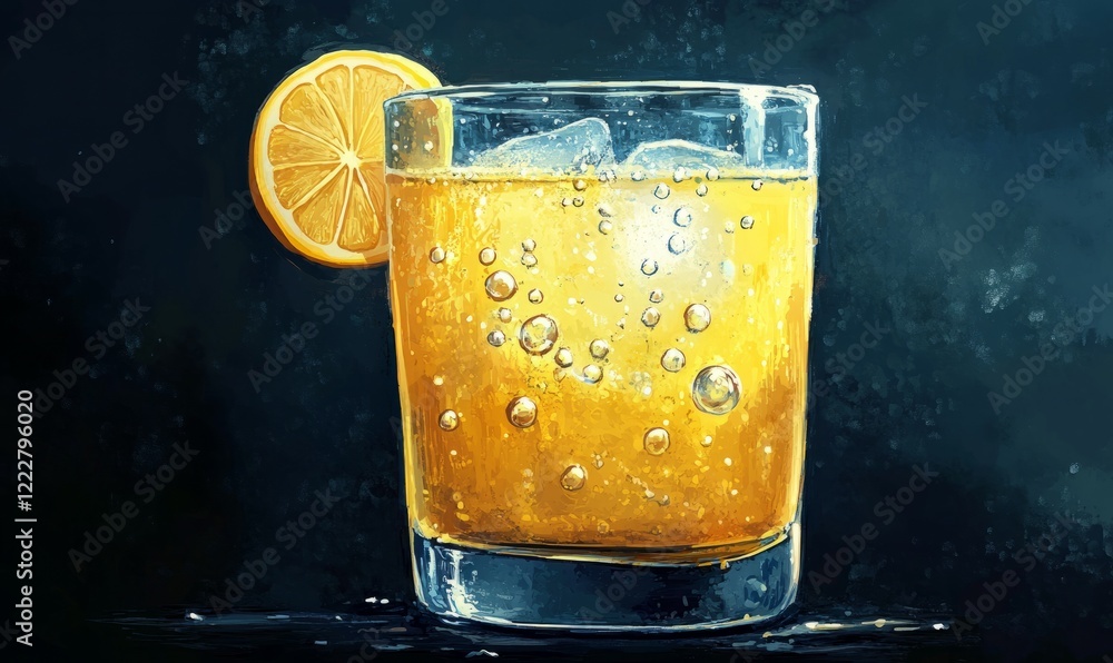 Poster glass of lemonade with a slice of lemon in it. the bubbles in the drink give it a fun and playful ap