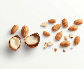Almonds in various forms showcasing the natural nut and its shell arranged on a white background