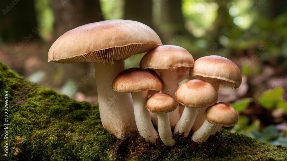 Poster mushrooms clustered on mossy log with soft lighting showcasing cream and brown caps surrounded by lu