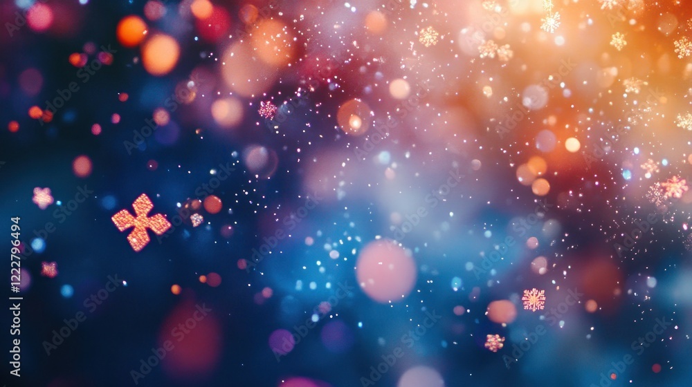 Poster abstract festive background with colorful bokeh lights and snowflakes.