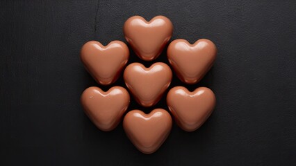 Obraz premium Heart-shaped chocolate candies in a stacked arrangement with a glossy finish, positioned centrally against a dark backdrop, featuring warm brown tones.