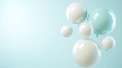 Elegant white balloons floating against a soft blue background, perfect for minimalist design inspiration and serene celebratory themes.