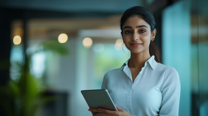Fototapeta premium Happy young Indian professional business woman using tab standing in office. Happy businesswoman manager female executive leader holding tab at work looking away dreaming of future successful career