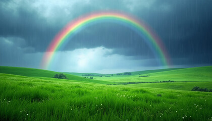 Obraz premium Bright rainbow over a lush green countryside under a stormy sky