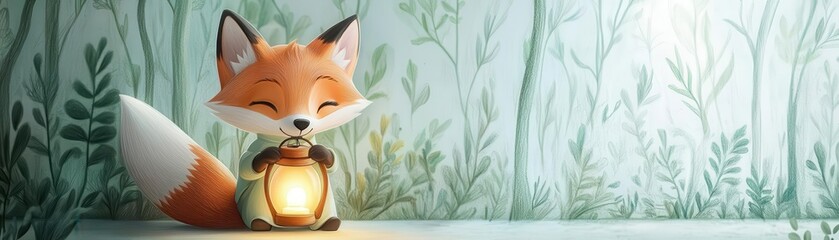 Adorable cartoon-style fox holding a glowing lantern, soft pastel colors, whimsical forest backdrop, delicate pencil sketch texture