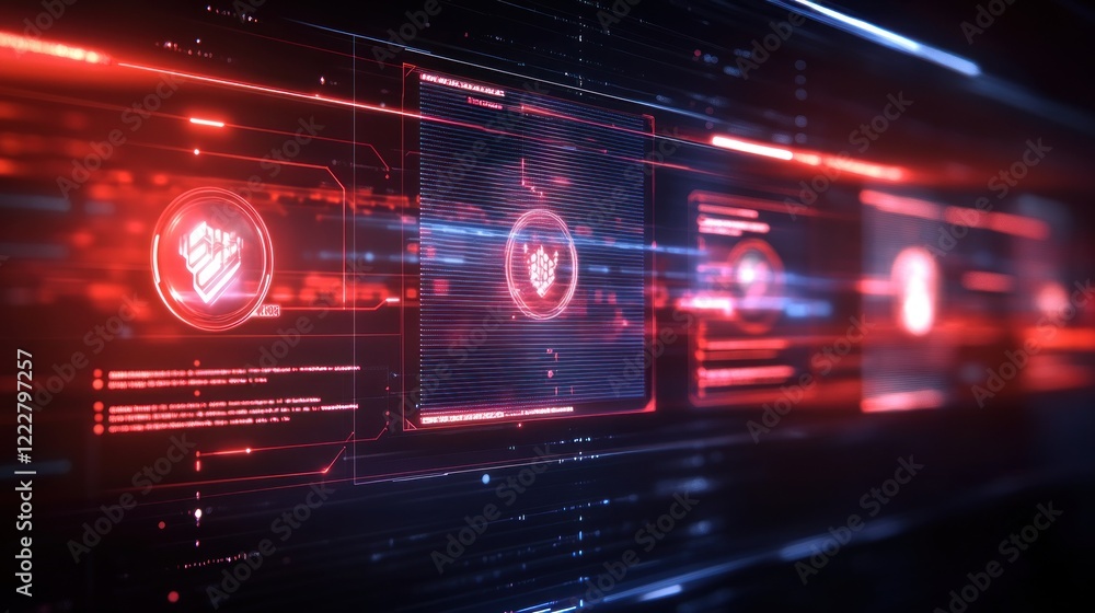 Poster futuristic digital interface with red and blue glowing icons and data streams.