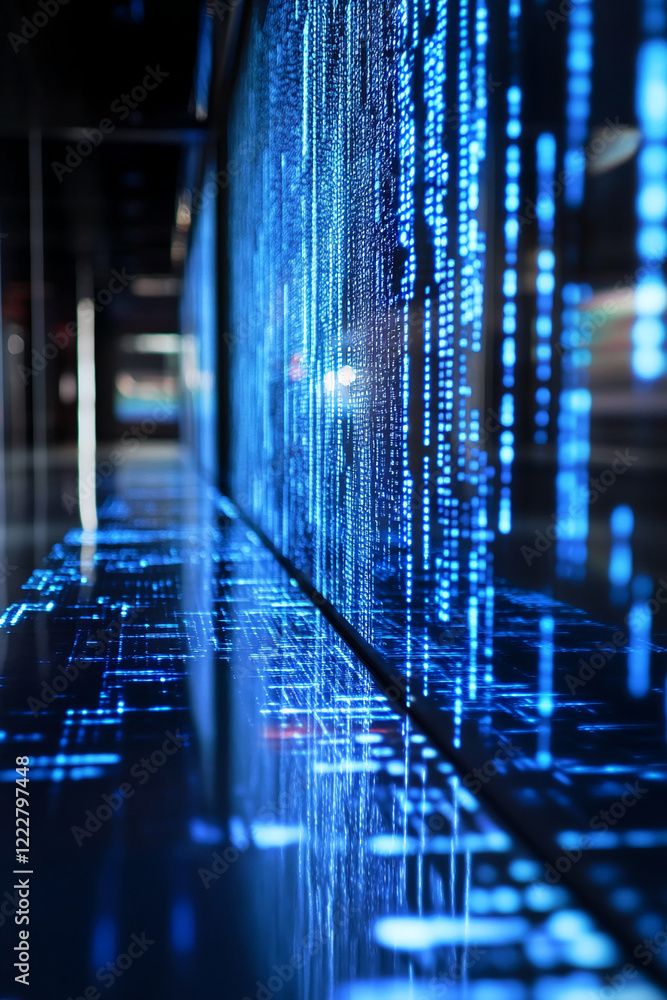 Poster digital data flow with glowing blue and bright lights on a dark background. business background