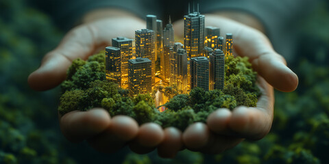 Urban sustainability initiative eco-friendly cityscape envisioned future digital artwork natural environment aerial perspective conceptual design