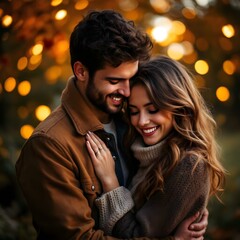 Fototapeta premium The background is softly blurred with warm, golden lights, creating a romantic atmosphere.