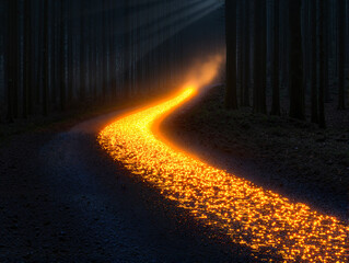 Glowing pathway in forest at night