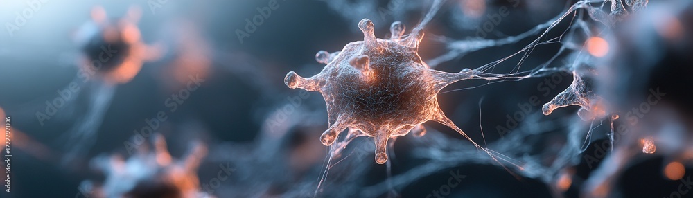 Poster glowing virus particles interlinked by delicate, web-like filaments depict the spread of infection. 