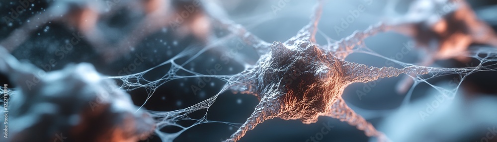 Poster a network showcases glowing virus particles linked by web-like filaments on a dark gradient backgrou