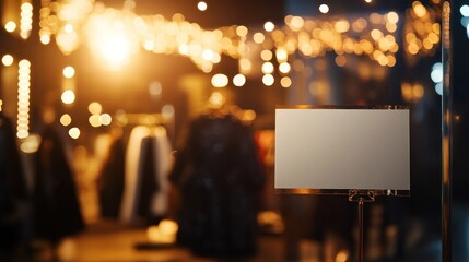 Blank sign in storefront window at night, blurred clothing background, warm lighting.