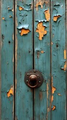 Fototapeta premium A background of faded green paint flaking off a rustic wooden door.