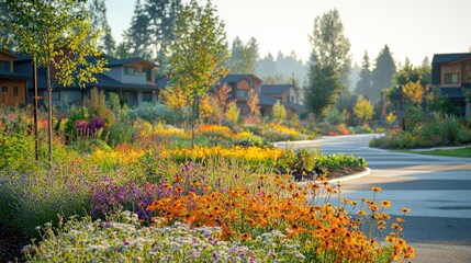 Urban planning gardening concept. A vibrant garden path lined with colorful flowers and lush greenery in morning light.