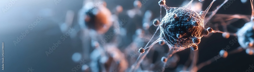 Poster glowing virus particles interconnected by soft filaments illustrate the concept of infection spread 