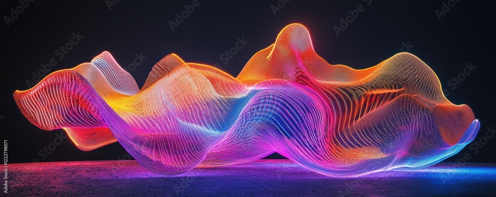 Poster abstract neon wave formations with vibrant colors and dynamic patterns in dark space