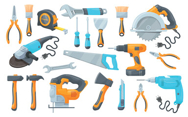 Cartoon construction tools. Building repair work hand tool and hardware instruments set, hammer wrench screwdriver drill spanner ruler tape repairman set neat vector illustration