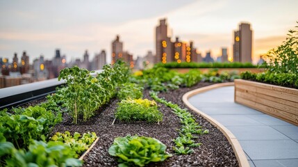 Fototapeta premium Urban planning gardening concept. Urban rooftop garden with diverse plants set against a city skyline at sunset.