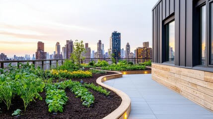 Fototapeta premium Urban planning gardening concept. Modern rooftop garden with lush greenery and skyline view at sunset.