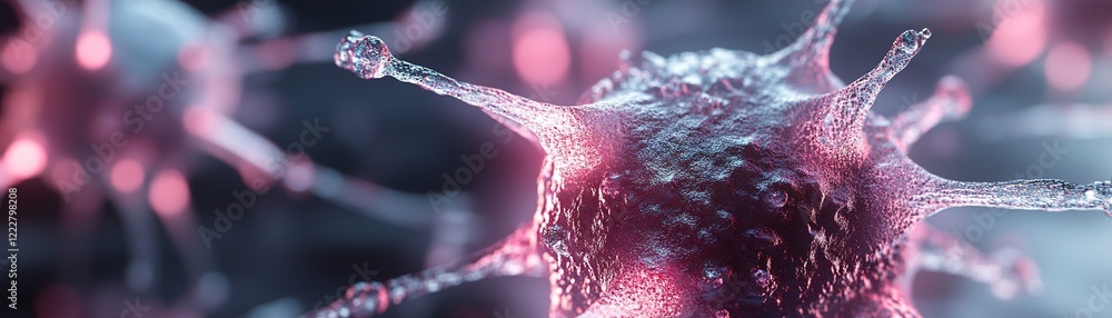 Poster a dynamic network illustrates glowing virus particles linked by soft filaments, symbolizing the spre