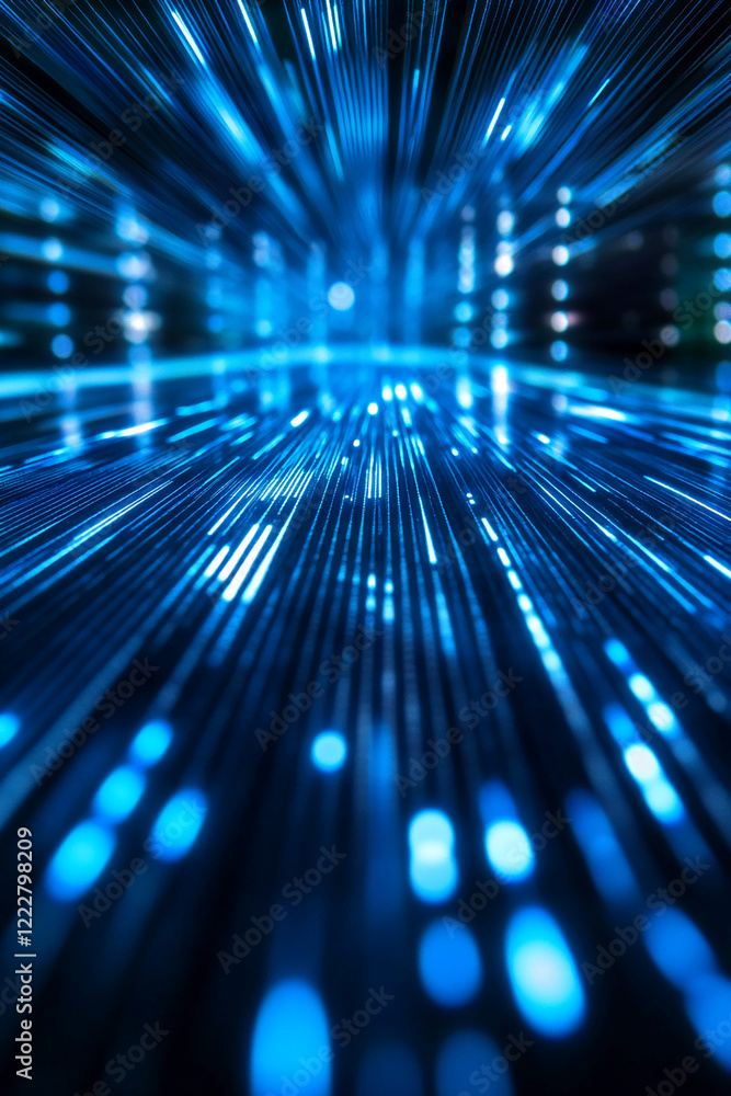Poster Blue glowing digital lines and dots in motion creating abstract data flow. Business background
