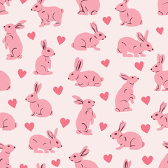 Cute Valentine Seamless Pattern with Pink Bunnies and Hearts