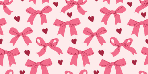 Cute Valentine Seamless Pattern with Pink Bows and Hearts