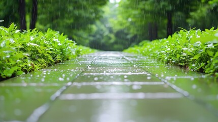 Rainy park path, green plants, nature scene, tranquil walk, peaceful background, perfect for relaxation themes