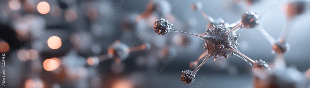 Poster glowing virus particles are interconnected by soft, web-like filaments, symbolizing the spread of in