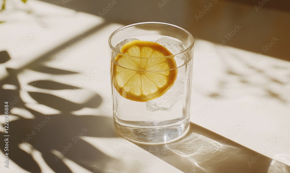 Poster glass of water with a slice of lemon floating in it. the water is cold and the lemon slice is visibl
