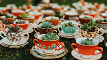 Fototapeta premium Succulents in vintage teacups, outdoor wedding favor, grass background
