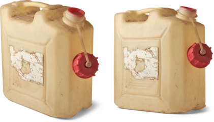 set of old used rectangular shape plastic cans or containers with handle on top isolated white background, light beige color water or chemical gallon canisters