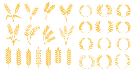 Wheat grains wreath. Barley ears, rye spike rice stalk or laurel wreaths beer logo heraldic symbol round frame for bakery bread label emblem farm harvest, neat vector illustration