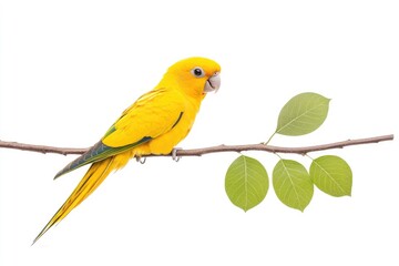 Fototapeta premium Vibrant yellow parrot perched on a branch with green leaves against a clean white background